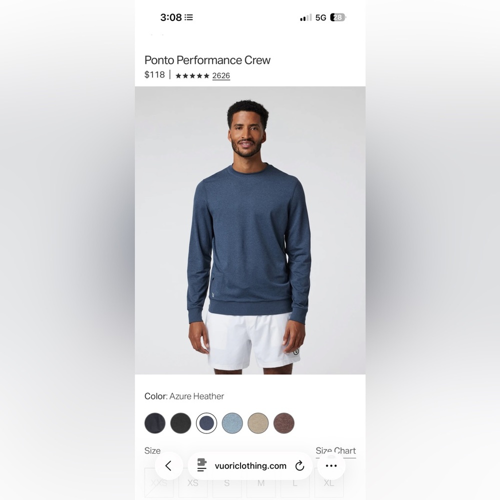 Vuori Ponto Performance Crew Long Sleeve Azure Heather Men's XL